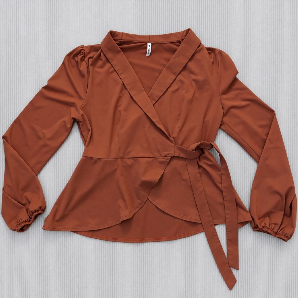 Halara Blouse Size M Rust Copper Shawl Collar Wrap Minimalist Office